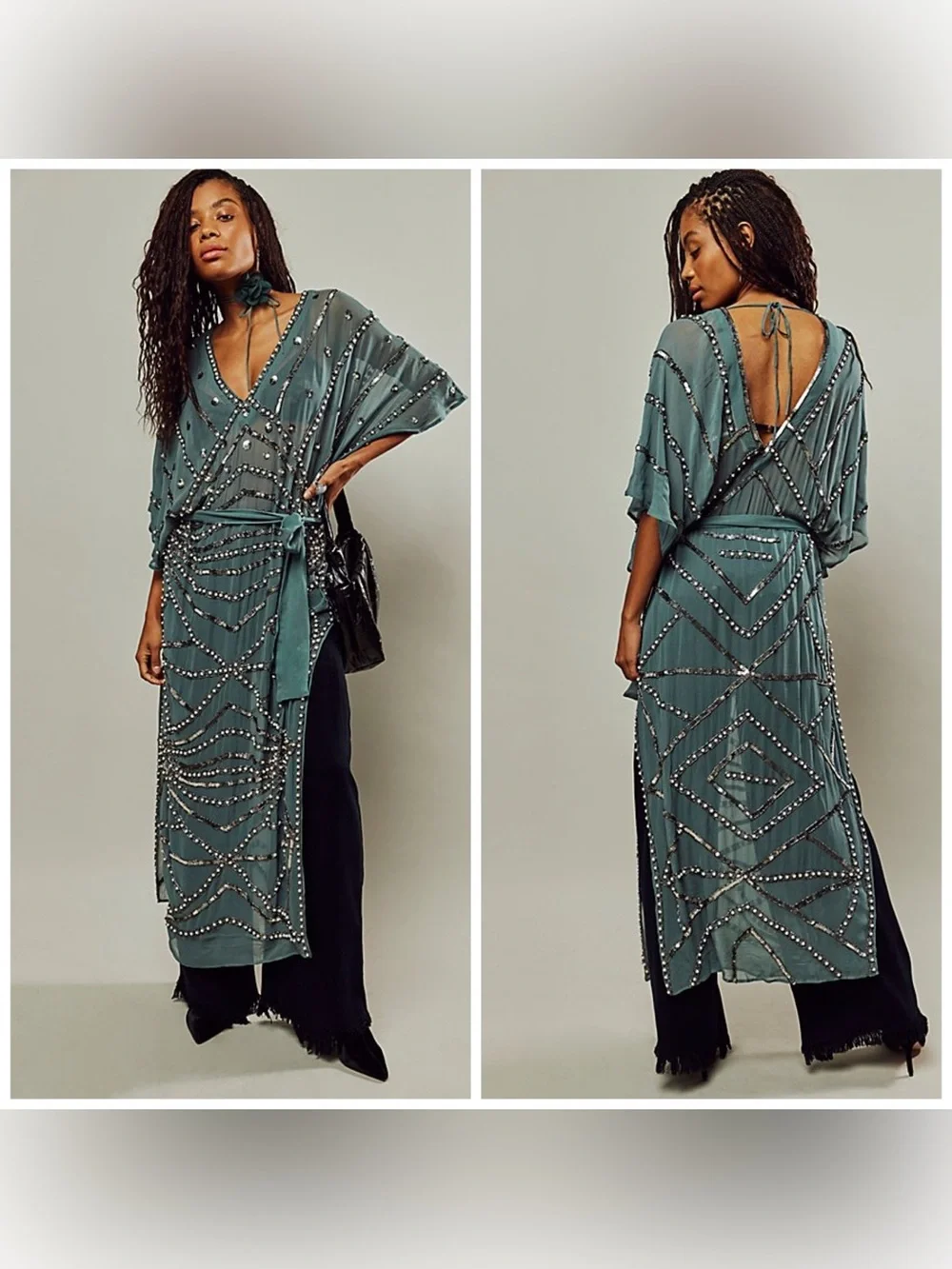 Free People Jens Pirate Booty Space Odyssey Kaftan Green Embellished Beaded XS/S